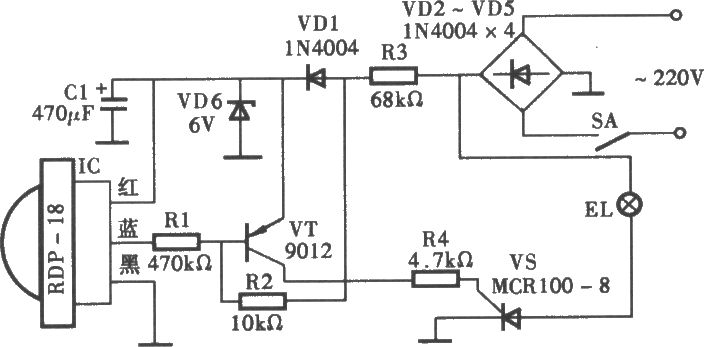 <b>采用RDP-18热释电红外控制照明灯电路</b>