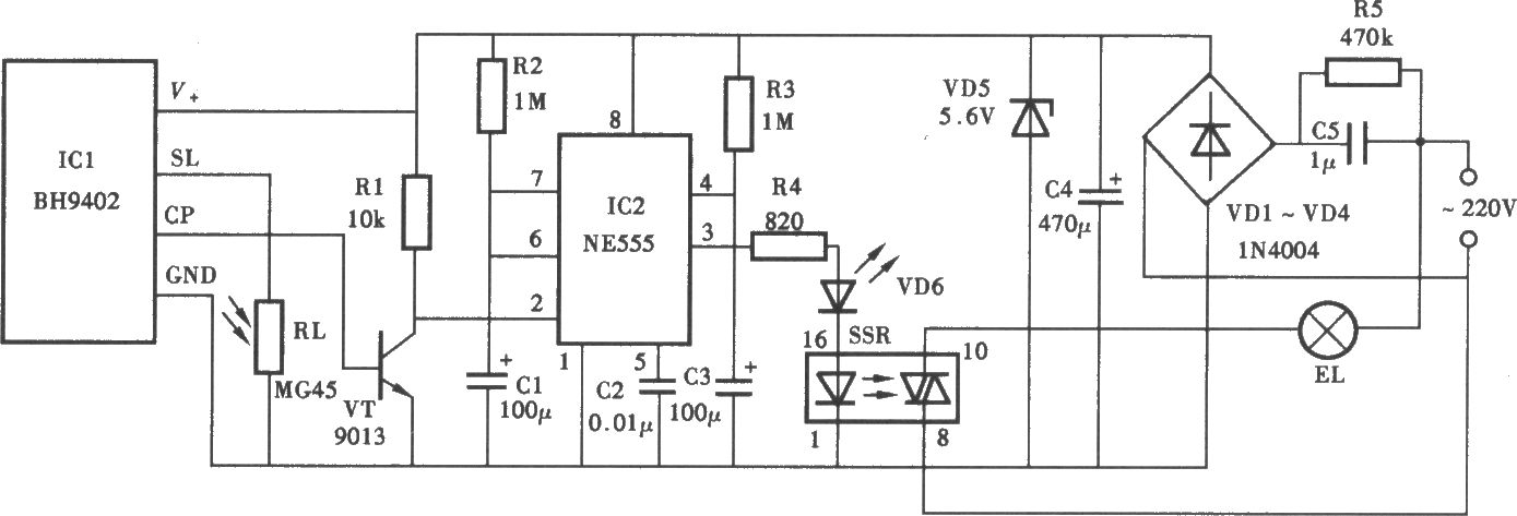 采用BH9402的热释电红外控制照明灯电路