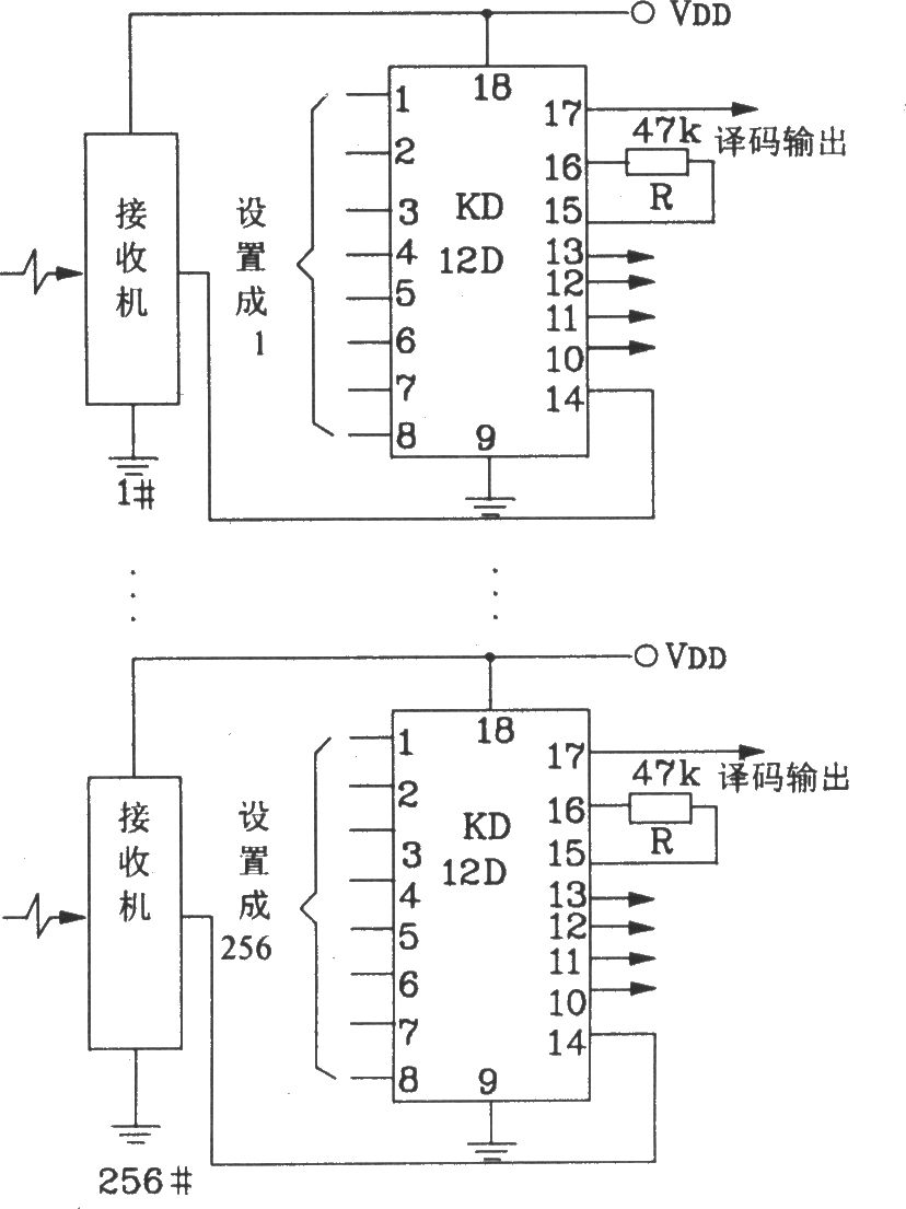 KD-12F构成256路式功能遥控接收、接收应用电路图