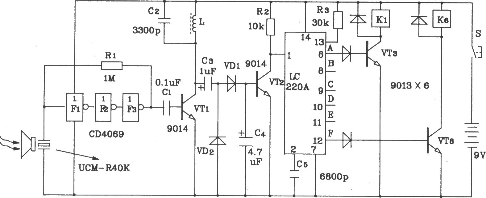 LC219/220A构成超声波6路遥控接收应用电路图