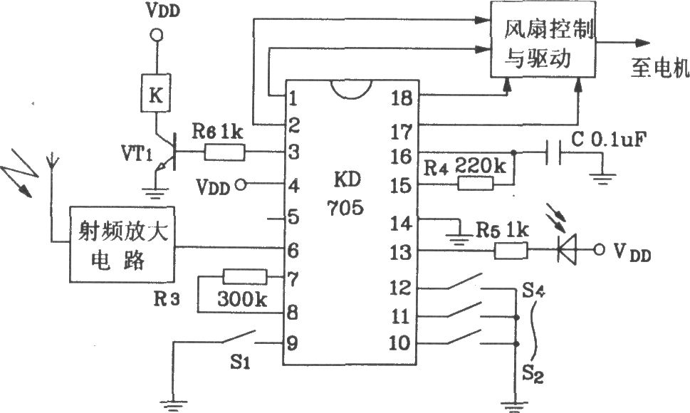 由KD704/KD705构成的射频遥控发射、接收电路图