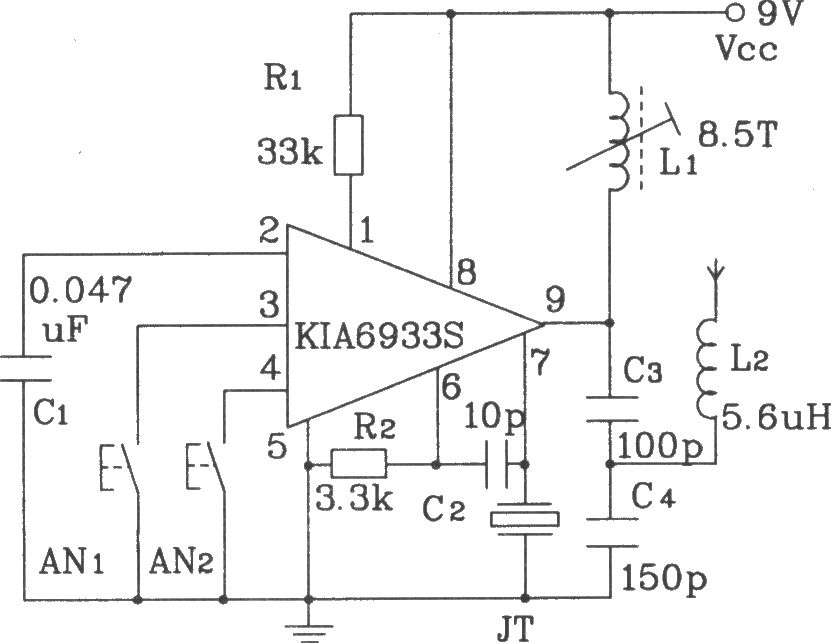 KIA6933S／6957P构成的四动作射频遥控发射、接收电路图