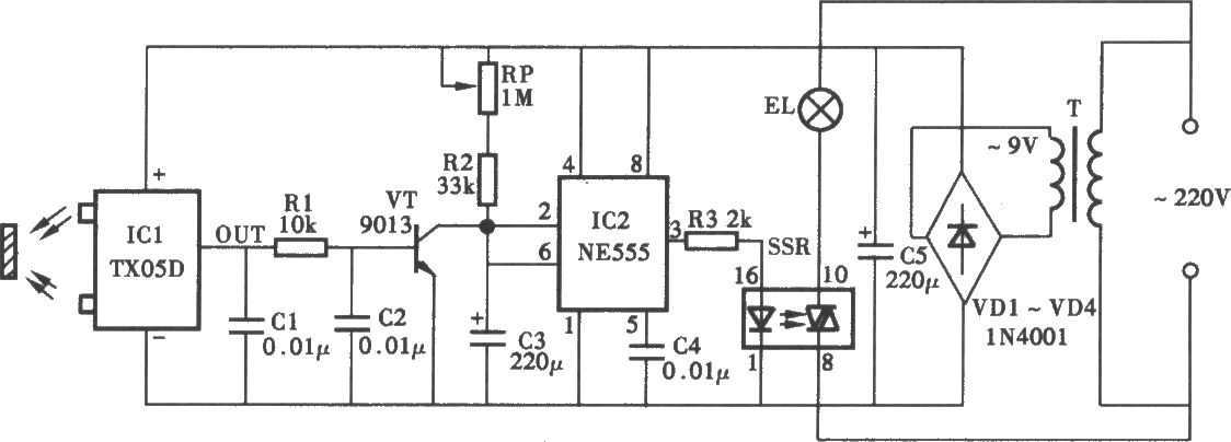 采用TX05D的红外线遥控照明灯电路