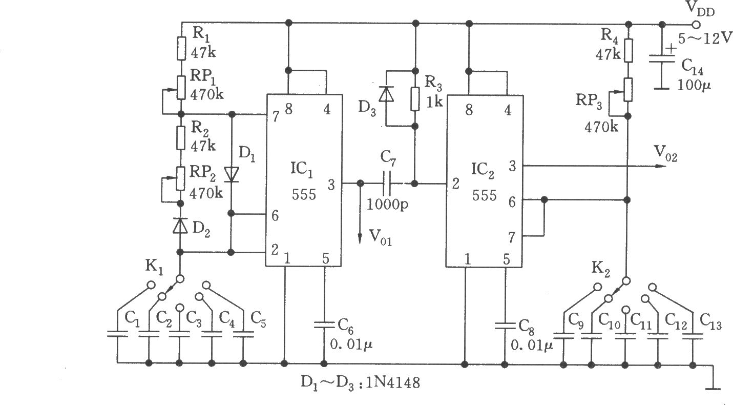 频率和脉宽可变的波形产生器(555)