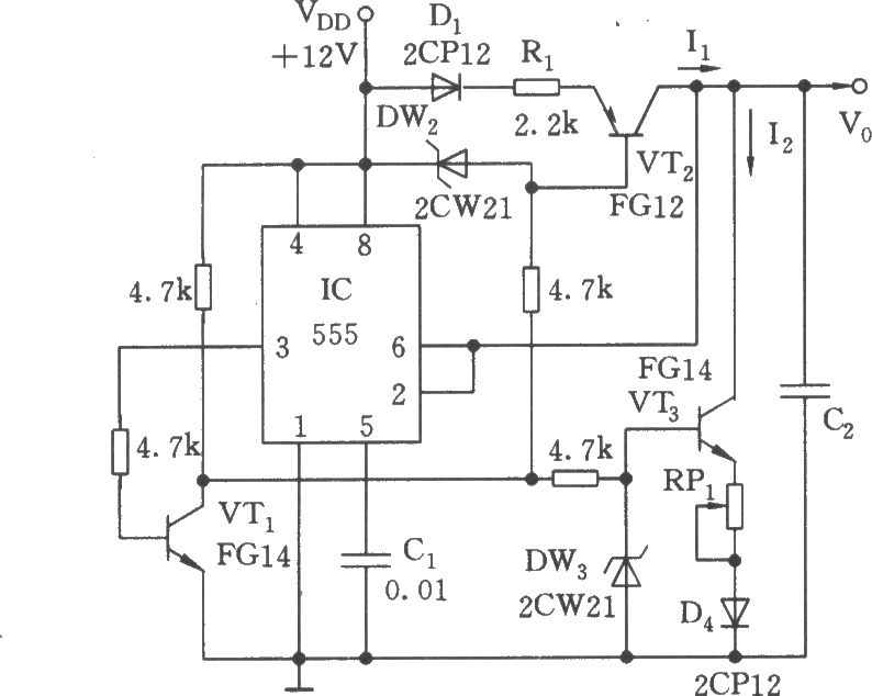 可调节的对称三角波发生器电路(555)