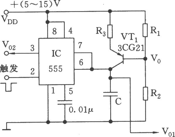 555构成的简易线性锯齿波发生器电路