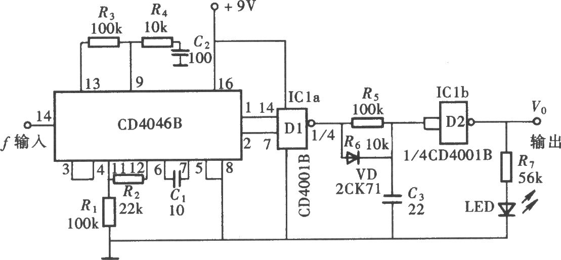 用CD4046组成的频率锁定指示器