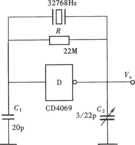 用门电路组成的石英晶体振荡器(CD4069)