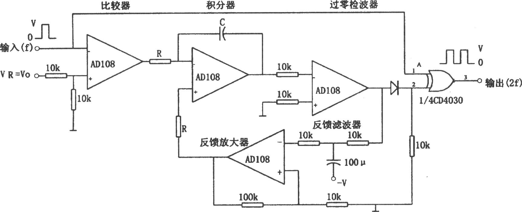 AD108构成的可输入非对称方波的倍频器