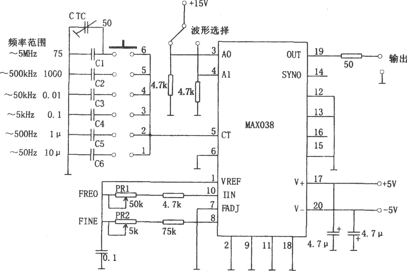 MAX038构成的5Hz～5MHz函数发生器