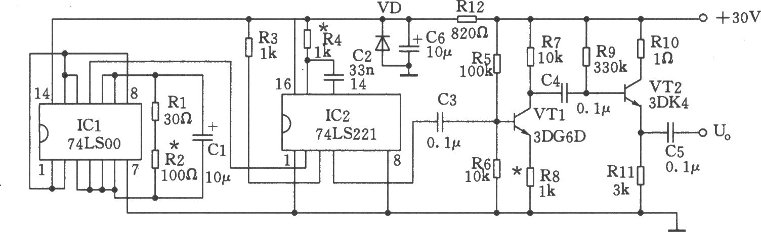 由74LS00、74LS221构成的简易脉冲信号发生器