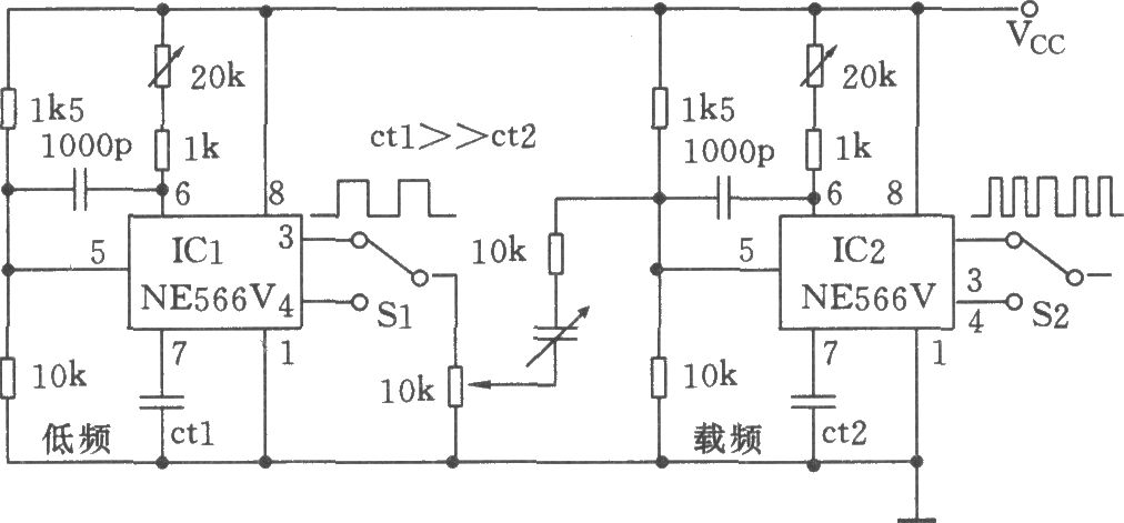 两只NE566V构成低频FM发生器