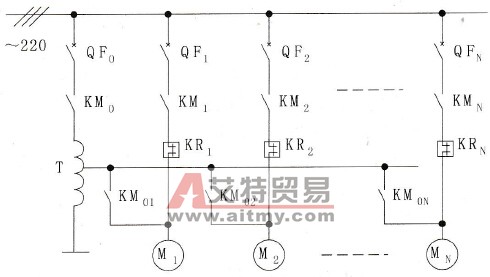 自耦变压器启动多台电动机的主电路图