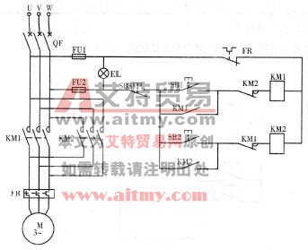 图2-3-4 三相异步电动机正反转控制的继电器控制电路原理图
