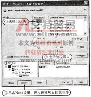 使用向导创建一个项目的第三步（选择组织块和编程语言）