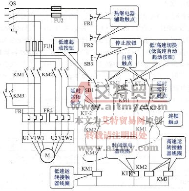 按钮和时间继电器控制双速电动机电路图