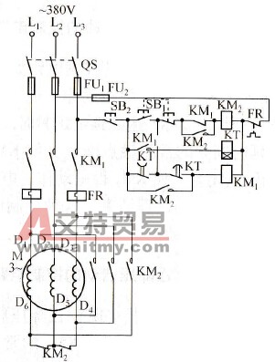 用两个接触器实现Y/△降压启动的电动机控制电路