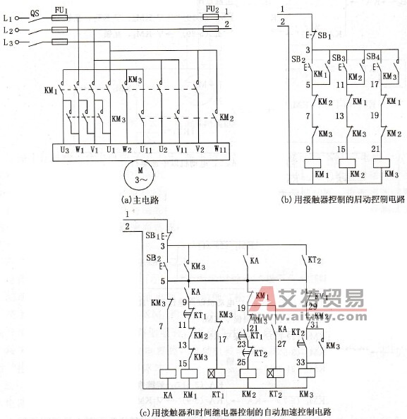 用接触器和时间继电器控制的自动加速控制电路