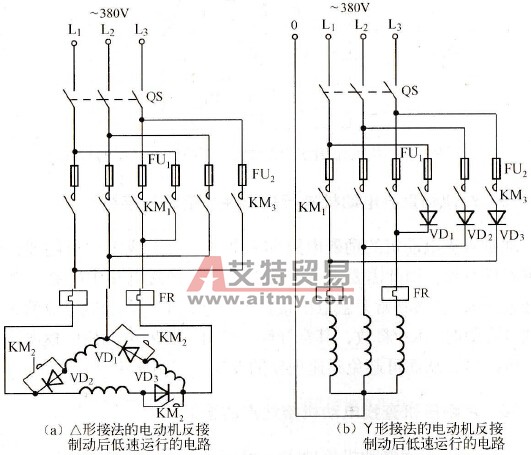 使三相异步电动机反接制动后低速运行的接线