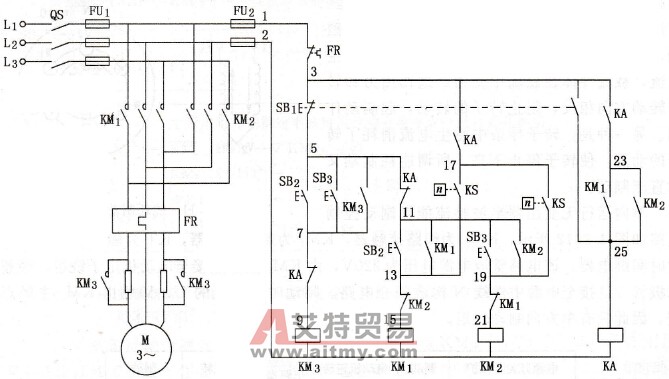 中间继电器控制的正、反向运转反接制动控制电