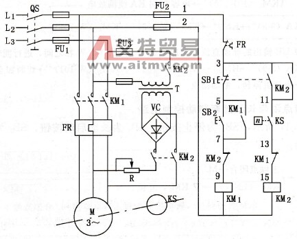 速度继电器控制的单向运转全波整流能耗制动控