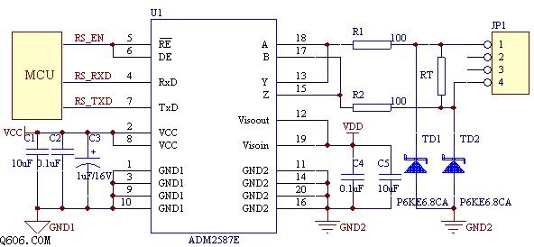 ADM2582E/ADM2587E组成的RS-485接口电路图